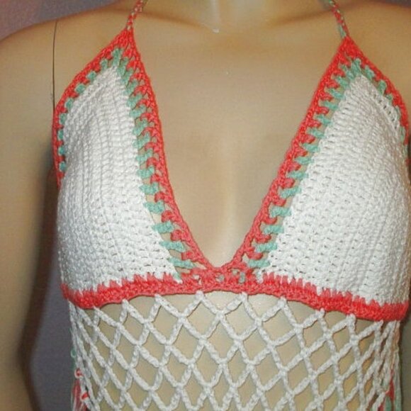 CROCHET Knit HALTER Tank TOP Free Size Backless FRINGE Hippie BOHO Festival - Picture 2 of 5